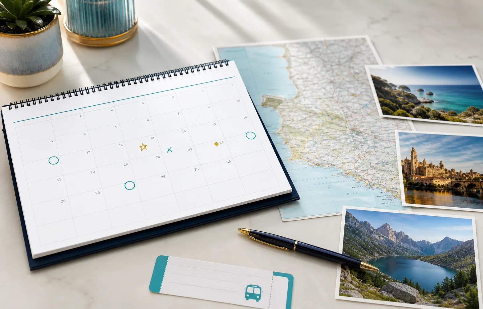 Calendario de viajes junto a un mapa y fotografías de destinos