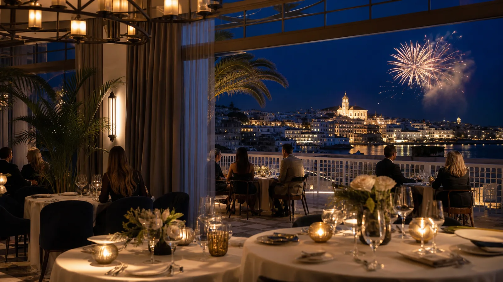 Celebración de Nochevieja en un hotel de la costa española